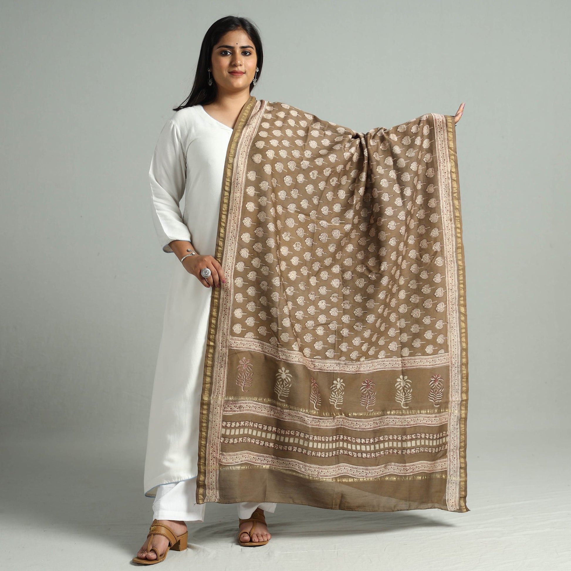 Brown - Akola Dabu Block Printed Handloom Chanderi Silk Dupatta 24