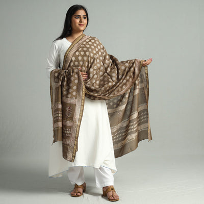 Brown - Akola Dabu Block Printed Handloom Chanderi Silk Dupatta 24