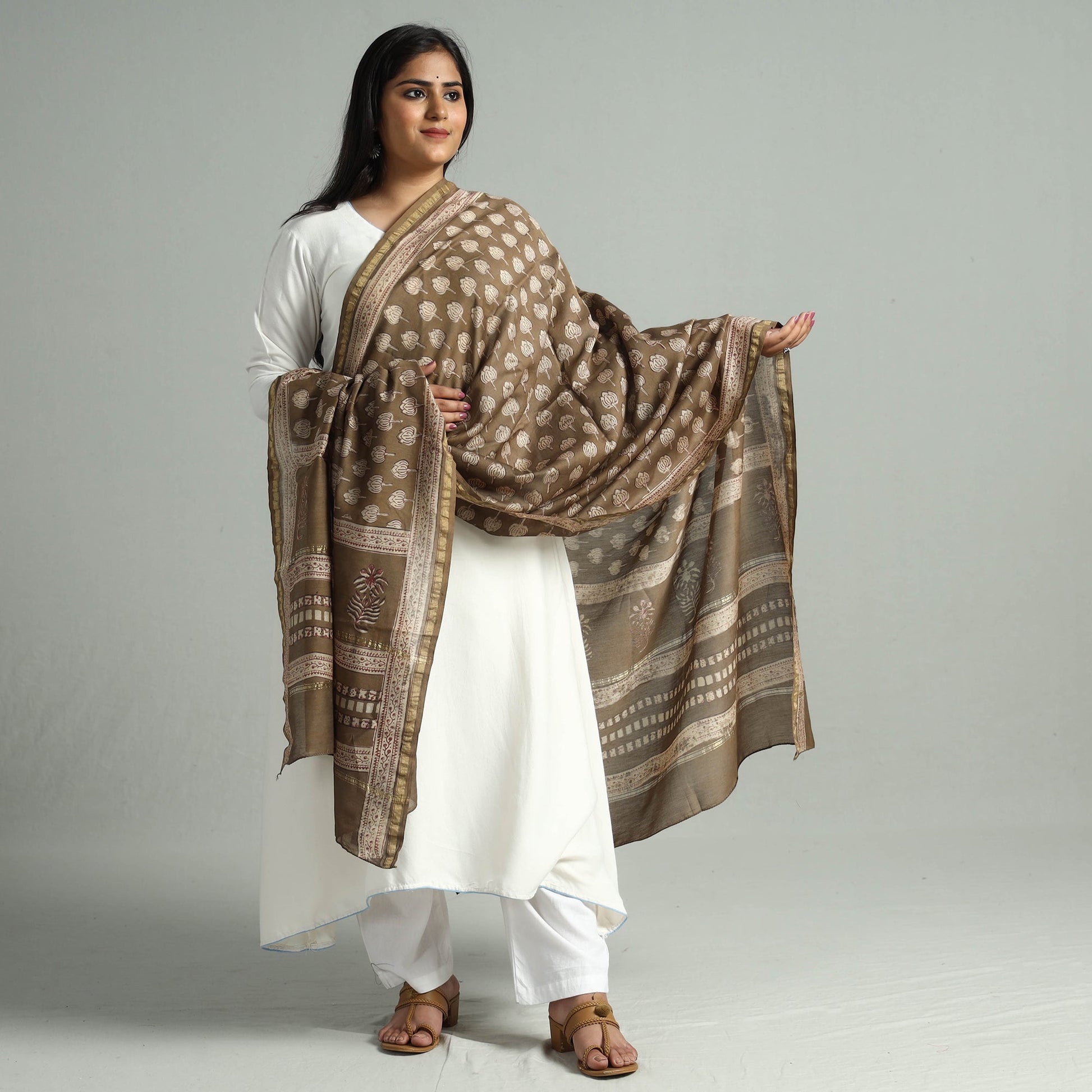 Brown - Akola Dabu Block Printed Handloom Chanderi Silk Dupatta 24