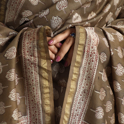 Brown - Akola Dabu Block Printed Handloom Chanderi Silk Dupatta 24