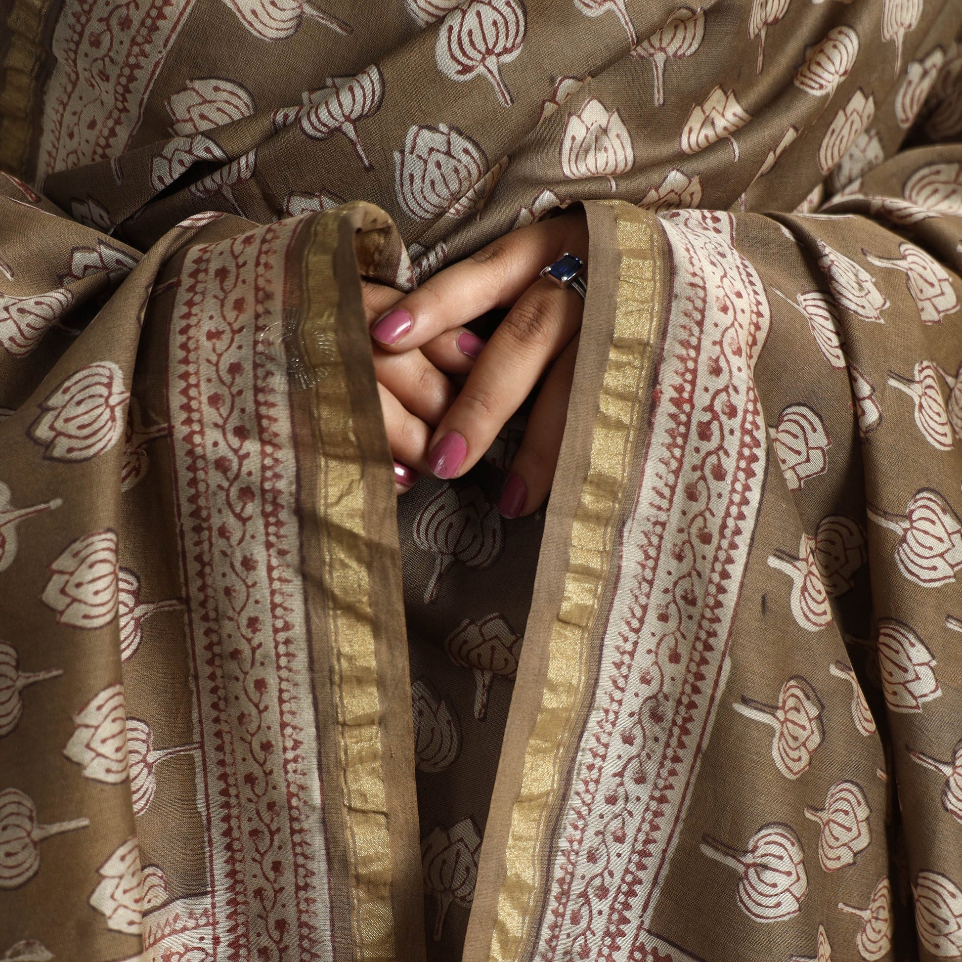 Brown - Akola Dabu Block Printed Handloom Chanderi Silk Dupatta 24