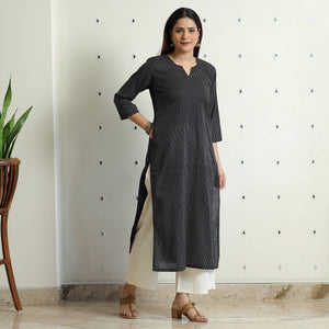 Black Running Stitch Cotton Long Straight Kurta