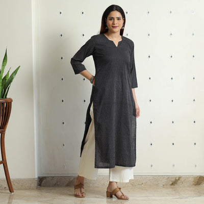 Black Running Stitch Cotton Long Straight Kurta