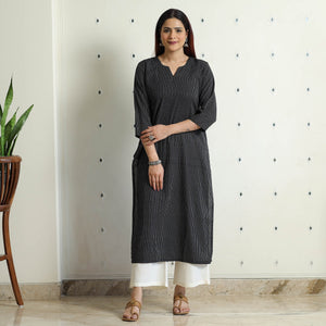 Black Running Stitch Cotton Long Straight Kurta