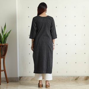 Black Running Stitch Cotton Long Straight Kurta