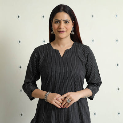 Black Running Stitch Cotton Long Straight Kurta