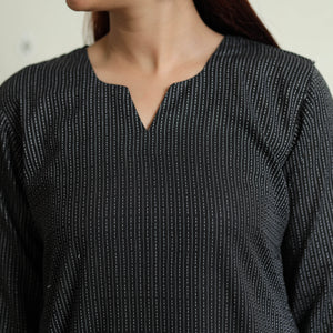 Black Running Stitch Cotton Long Straight Kurta