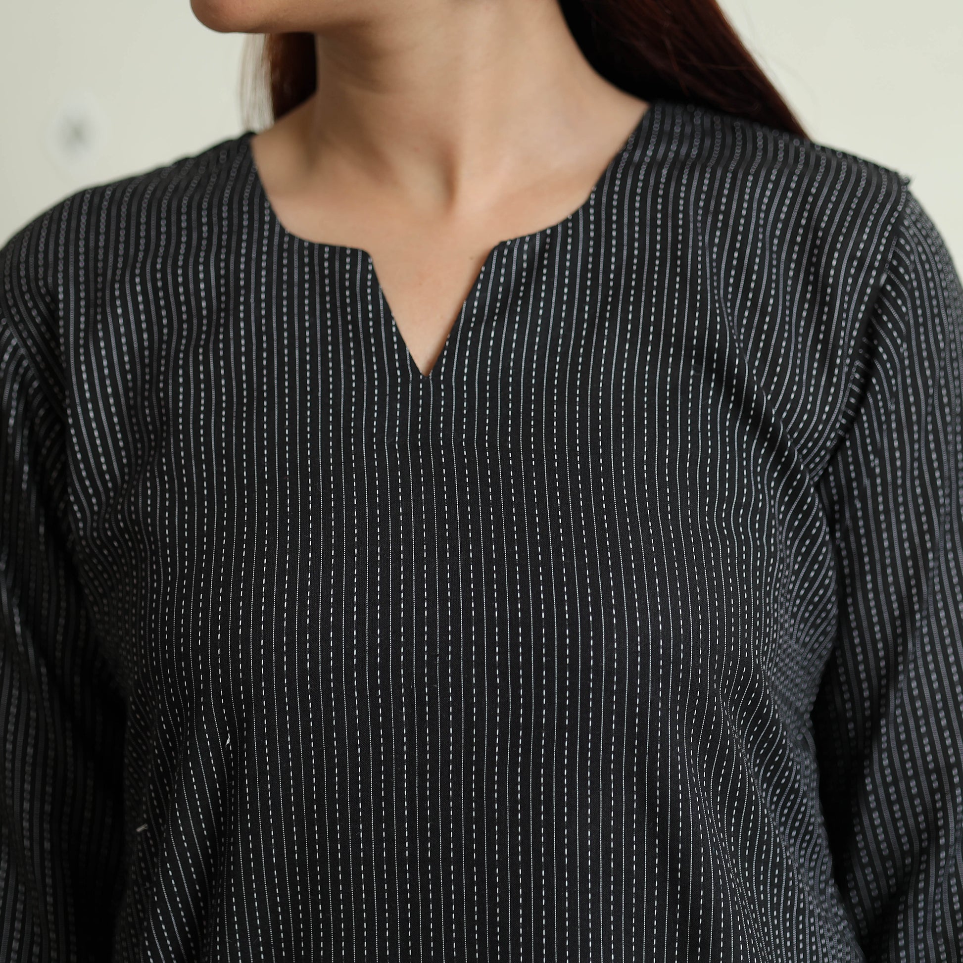 Black Running Stitch Cotton Long Straight Kurta