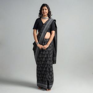 Black - Block Printed Mul Cotton Sanganeri Saree