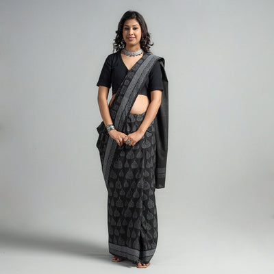 Black - Block Printed Mul Cotton Sanganeri Saree