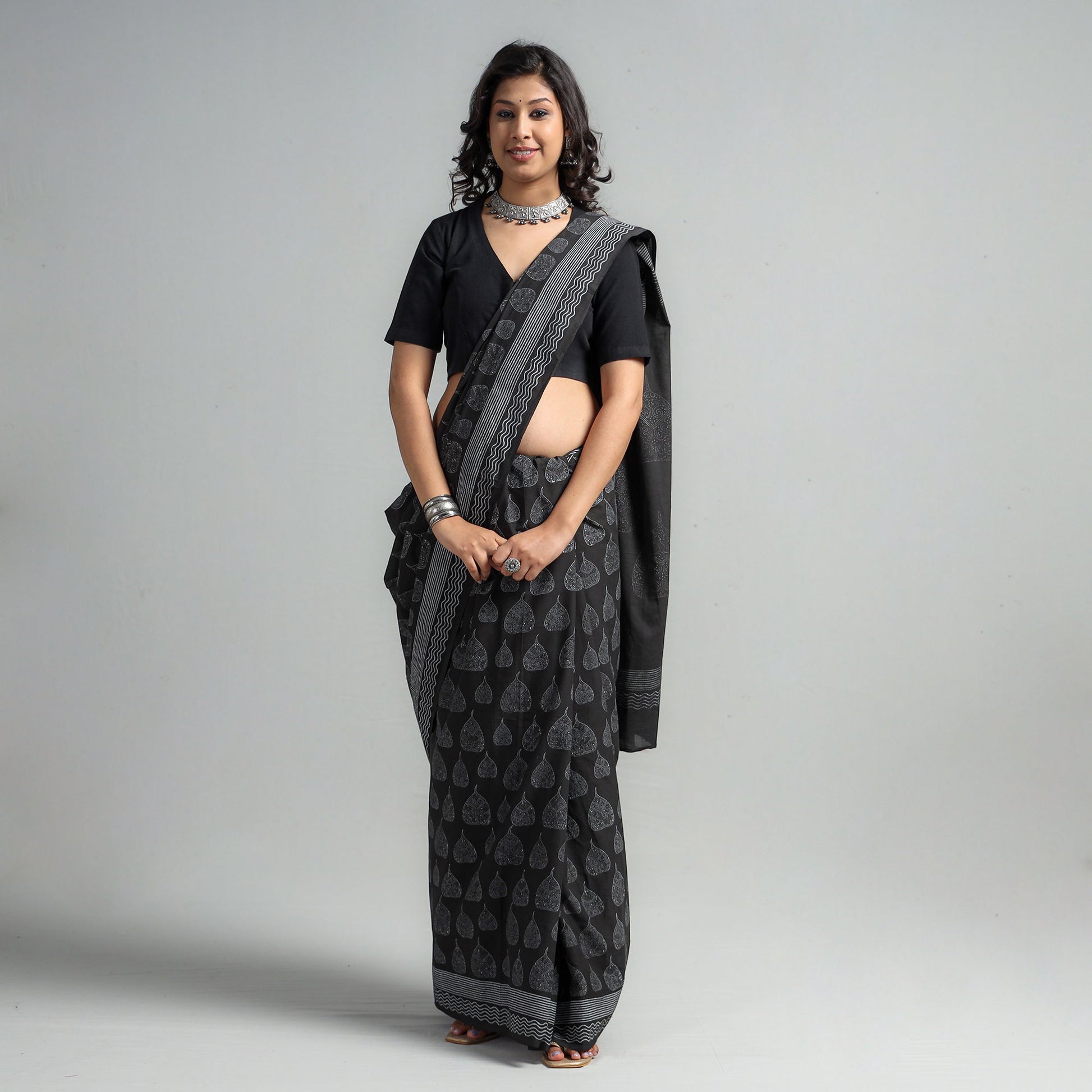 Black - Block Printed Mul Cotton Sanganeri Saree