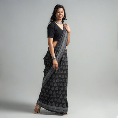Black - Block Printed Mul Cotton Sanganeri Saree