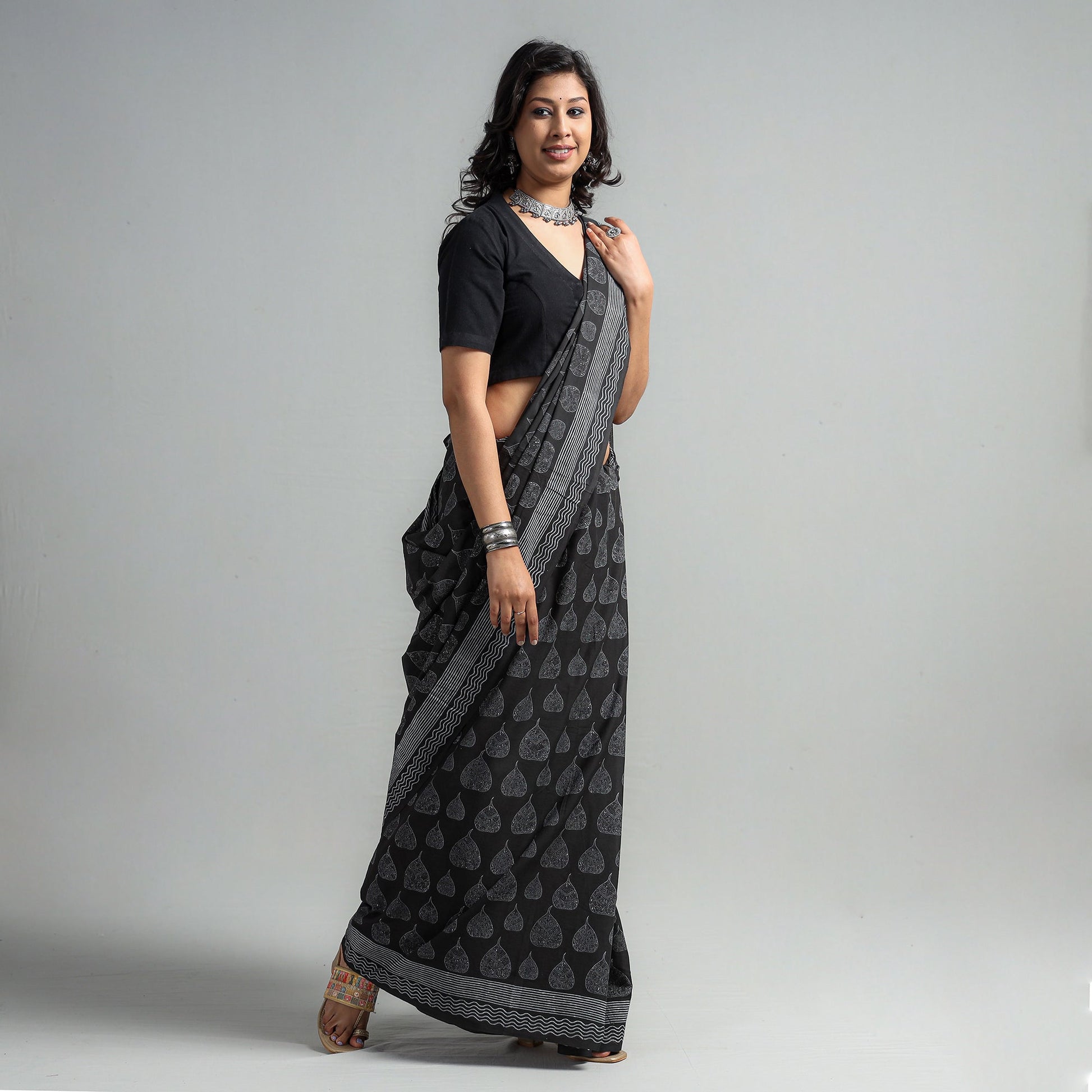 Black - Block Printed Mul Cotton Sanganeri Saree