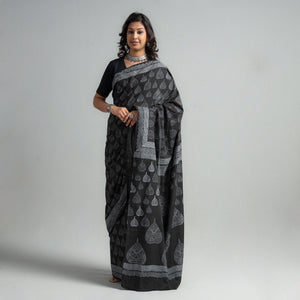Black - Block Printed Mul Cotton Sanganeri Saree