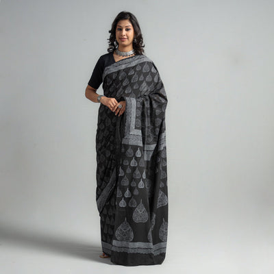 Black - Block Printed Mul Cotton Sanganeri Saree