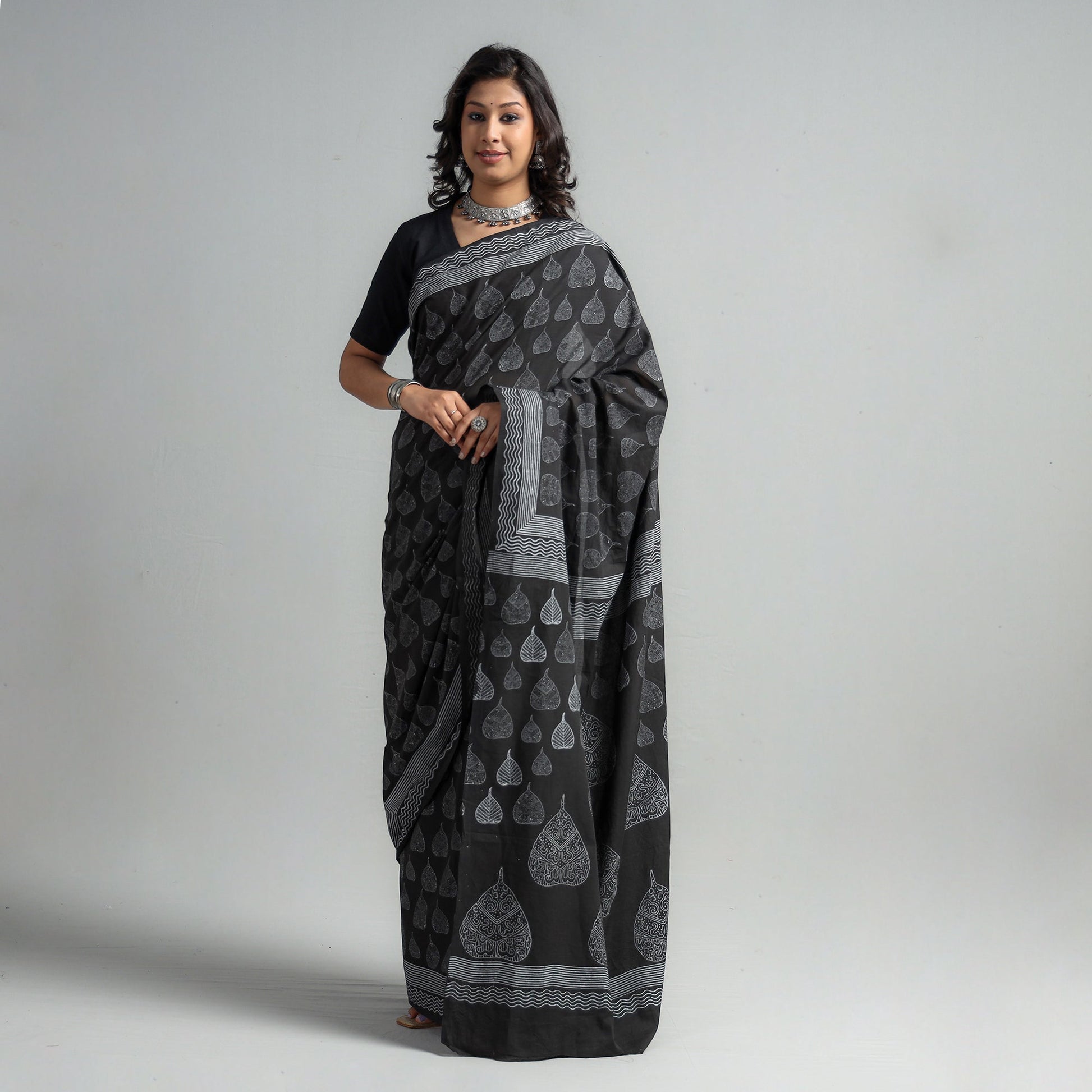Black - Block Printed Mul Cotton Sanganeri Saree