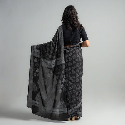 Black - Block Printed Mul Cotton Sanganeri Saree