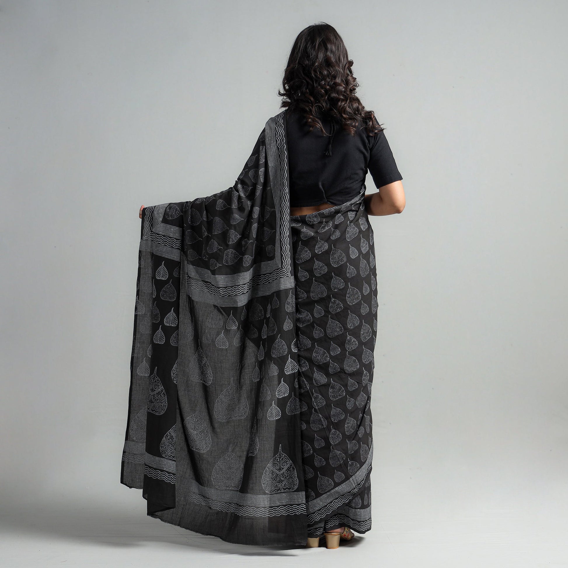 Black - Block Printed Mul Cotton Sanganeri Saree