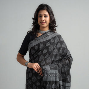 Black - Block Printed Mul Cotton Sanganeri Saree