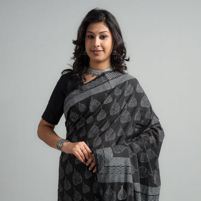 Black - Block Printed Mul Cotton Sanganeri Saree
