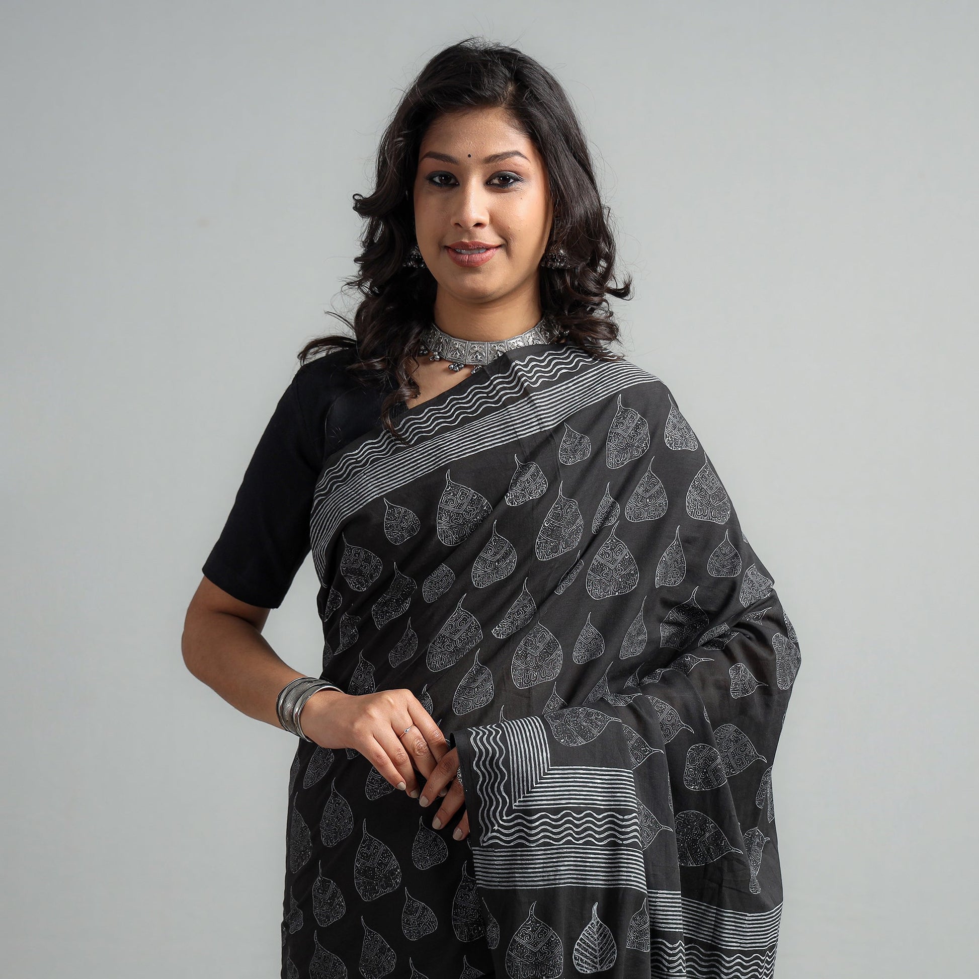 Black - Block Printed Mul Cotton Sanganeri Saree