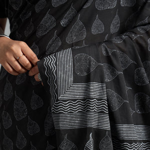 Black - Block Printed Mul Cotton Sanganeri Saree