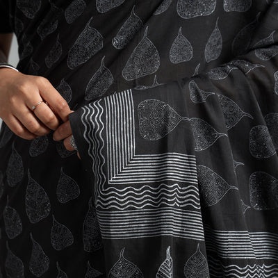 Black - Block Printed Mul Cotton Sanganeri Saree