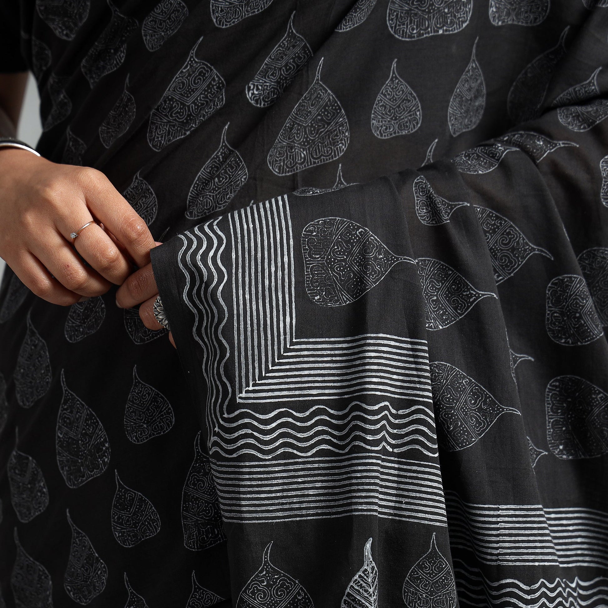 Black - Block Printed Mul Cotton Sanganeri Saree