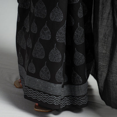 Black - Block Printed Mul Cotton Sanganeri Saree
