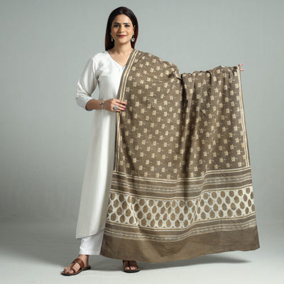 Brown - Akola Dabu Block Printed Mul Cotton Dupatta 40