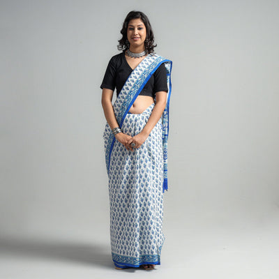 Blue - Block Printed Mul Cotton Sanganeri Saree