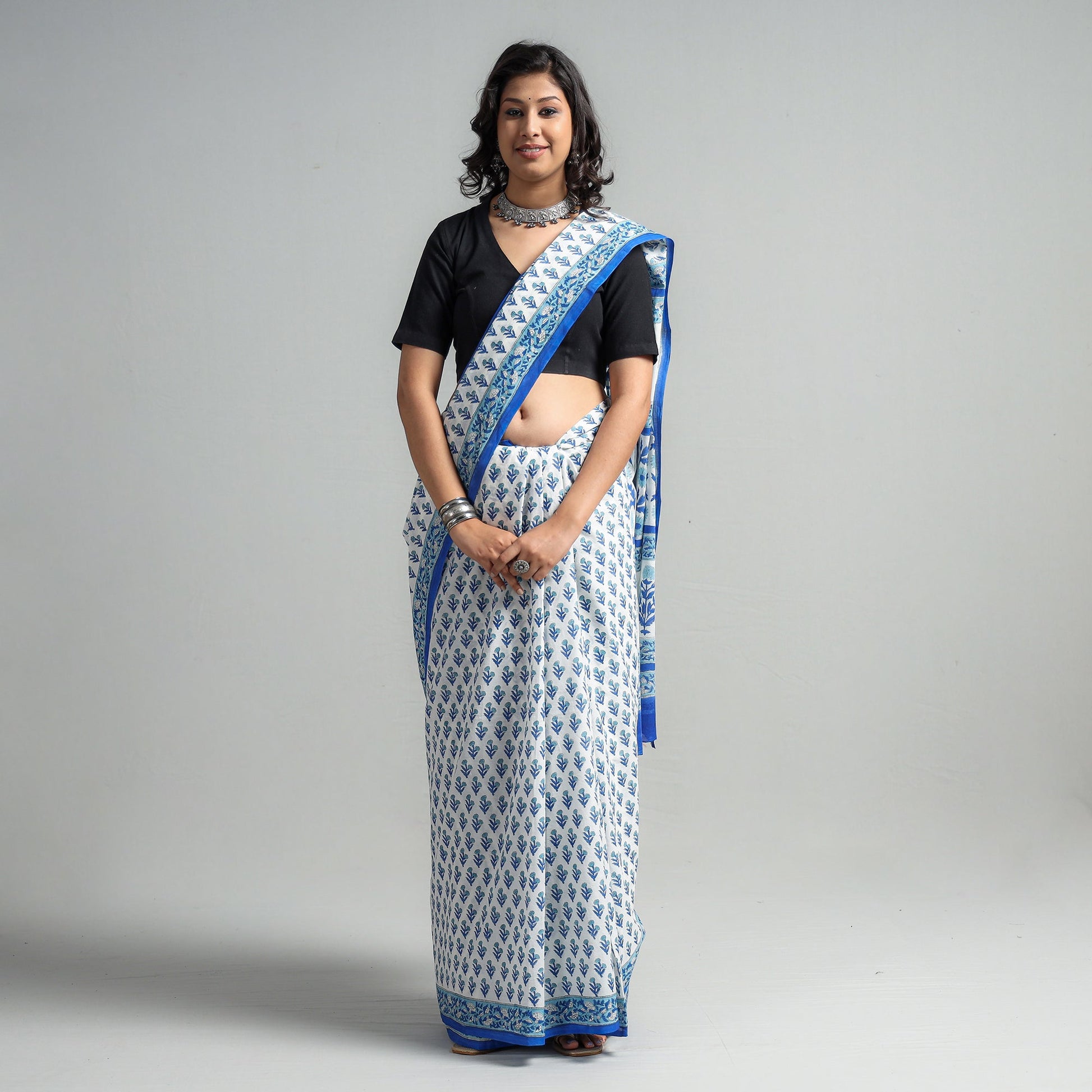 Blue - Block Printed Mul Cotton Sanganeri Saree