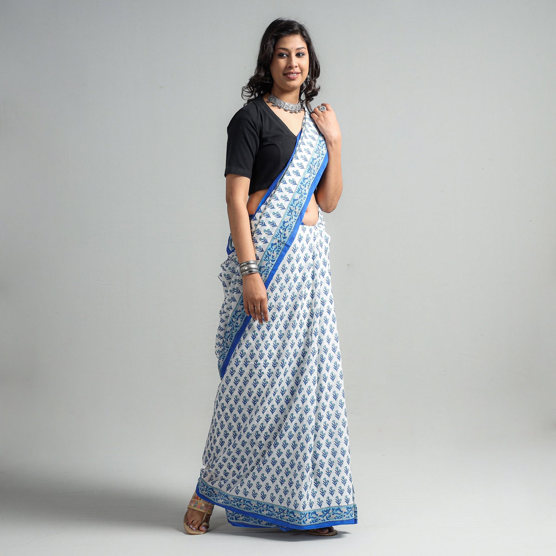 Blue - Block Printed Mul Cotton Sanganeri Saree