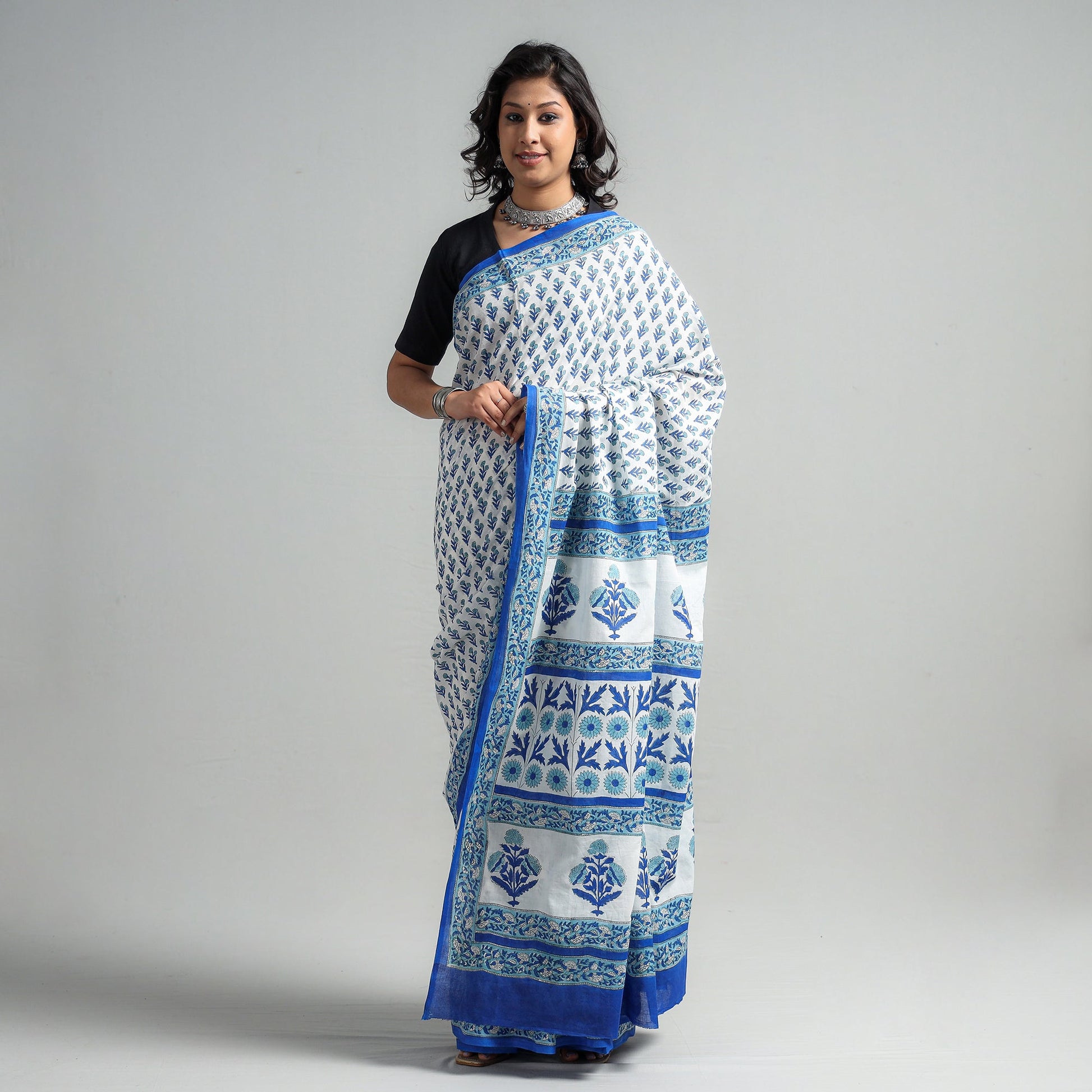 Blue - Block Printed Mul Cotton Sanganeri Saree