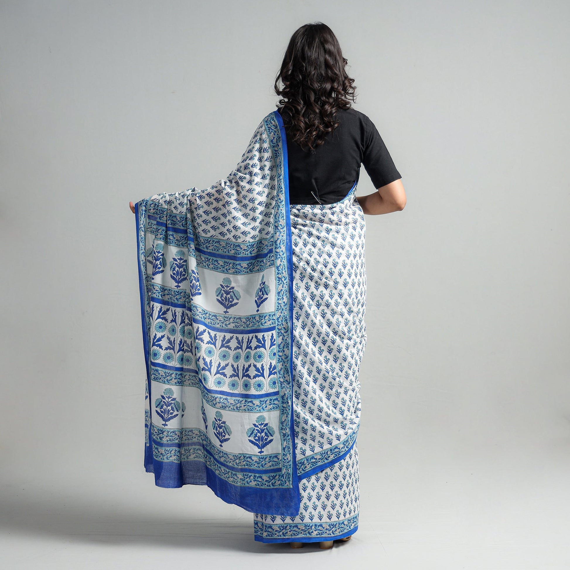 Blue - Block Printed Mul Cotton Sanganeri Saree