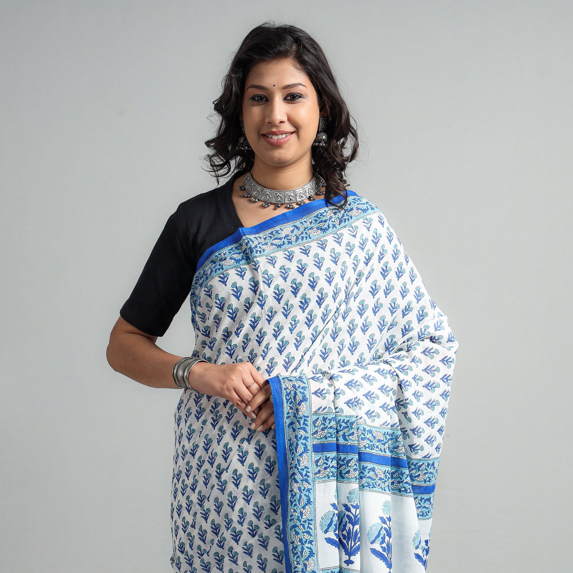 Blue - Block Printed Mul Cotton Sanganeri Saree