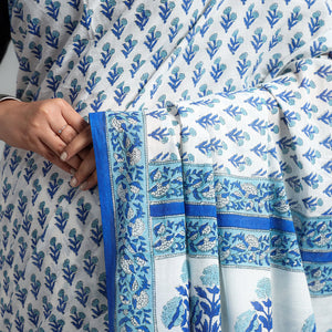 Blue - Block Printed Mul Cotton Sanganeri Saree