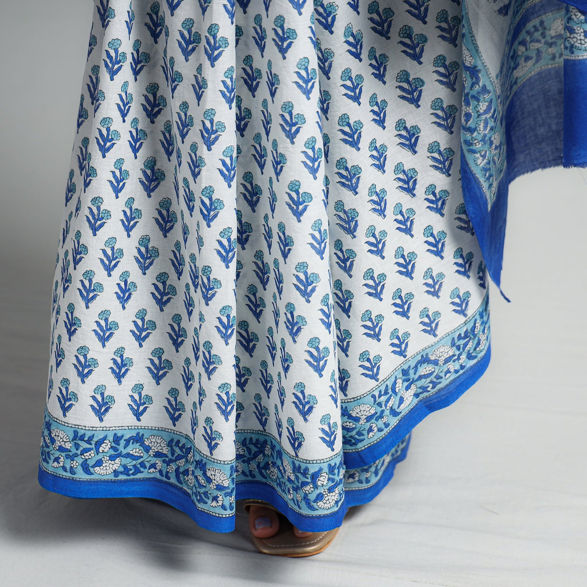 Blue - Block Printed Mul Cotton Sanganeri Saree