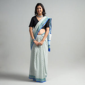 Blue - Block Printed Mul Cotton Sanganeri Saree