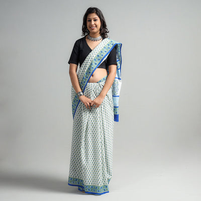 Blue - Block Printed Mul Cotton Sanganeri Saree