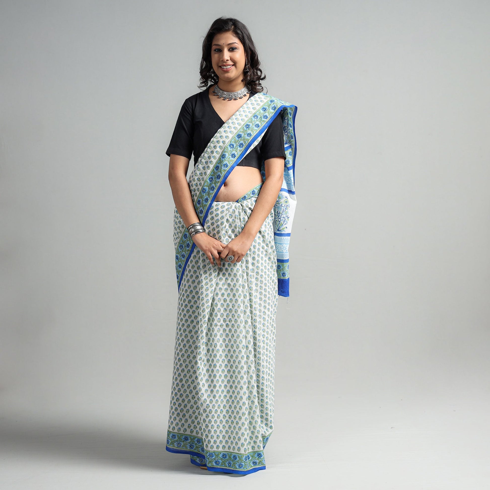 Blue - Block Printed Mul Cotton Sanganeri Saree