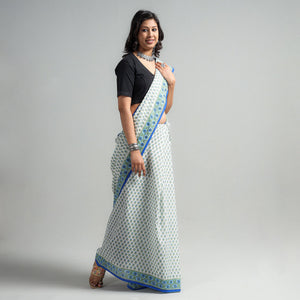 Blue - Block Printed Mul Cotton Sanganeri Saree