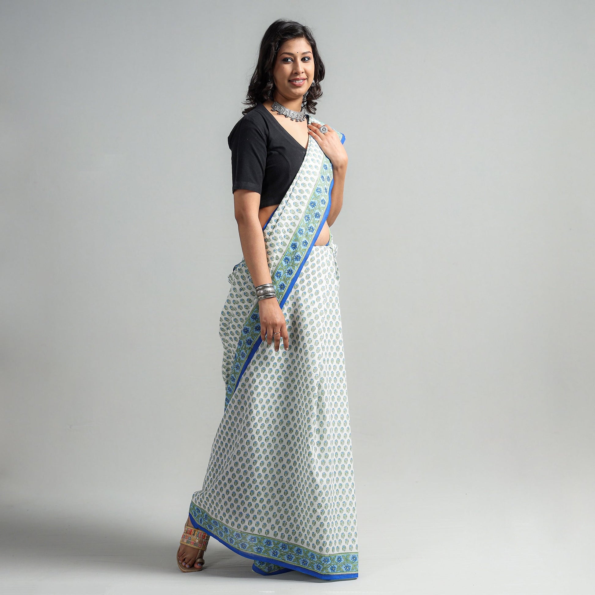 Blue - Block Printed Mul Cotton Sanganeri Saree