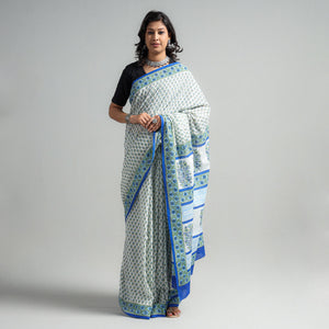 Blue - Block Printed Mul Cotton Sanganeri Saree