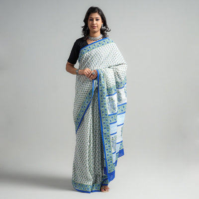 Blue - Block Printed Mul Cotton Sanganeri Saree