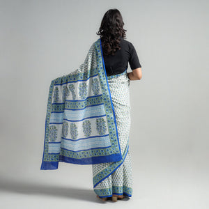 Blue - Block Printed Mul Cotton Sanganeri Saree