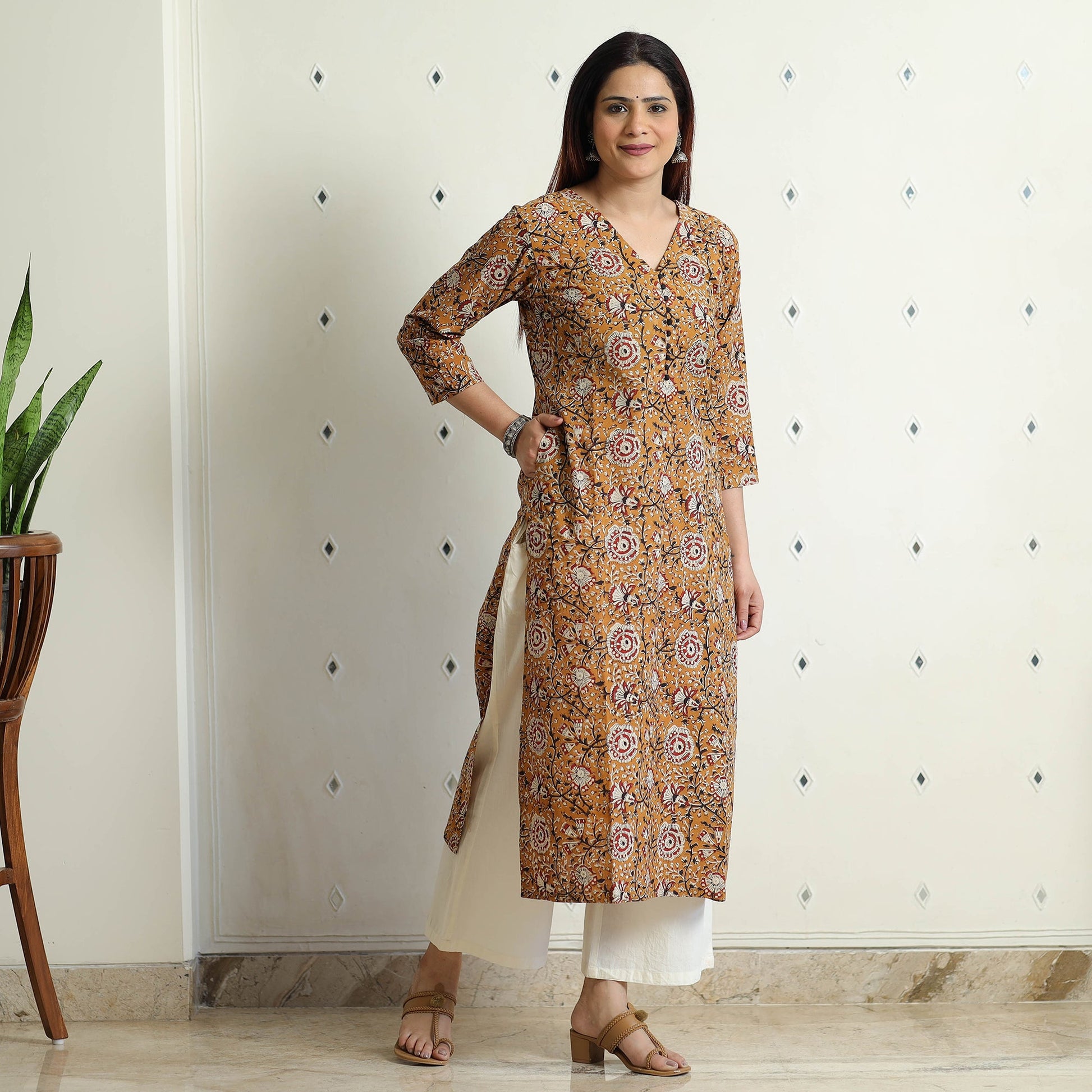 Brown - Bagru Hand Block Printed Cotton Long Straight Kurta