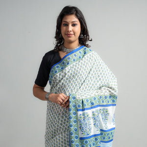 Blue - Block Printed Mul Cotton Sanganeri Saree