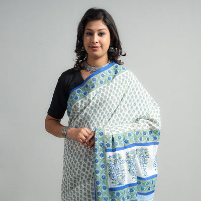 Blue - Block Printed Mul Cotton Sanganeri Saree