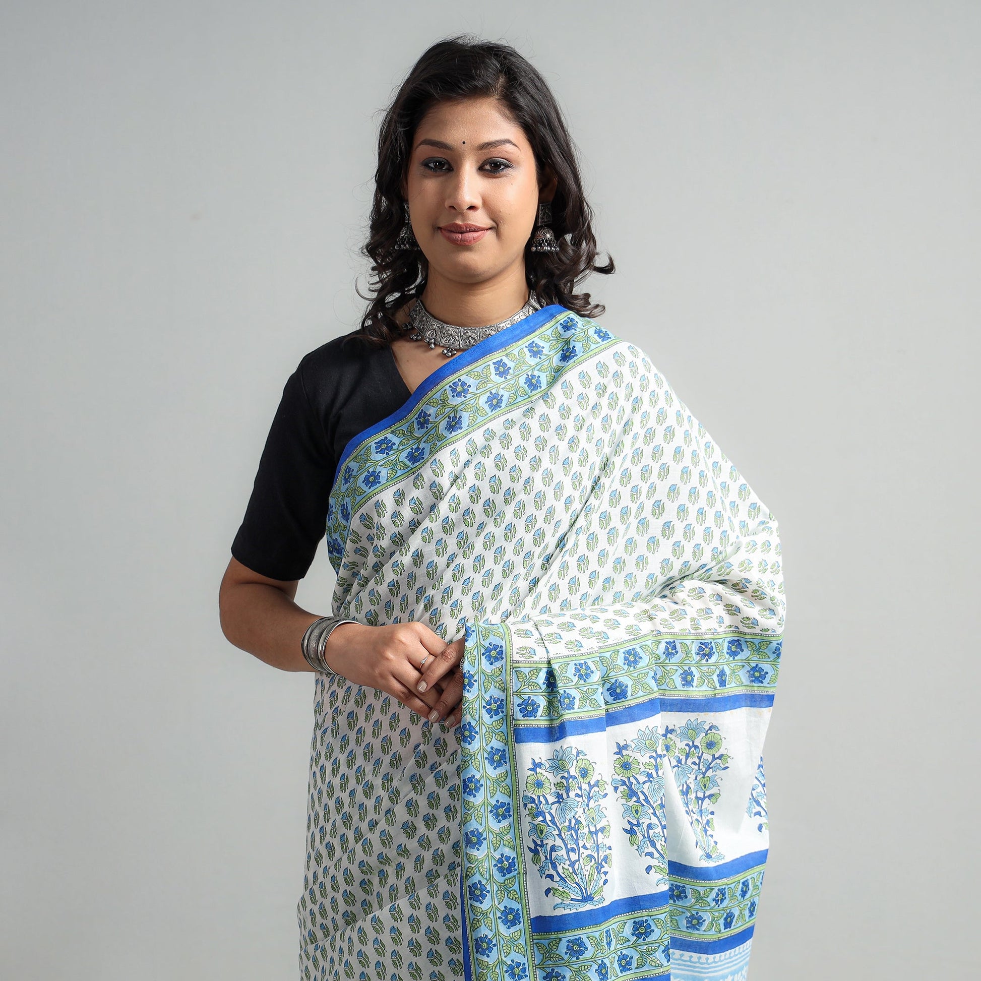 Blue - Block Printed Mul Cotton Sanganeri Saree
